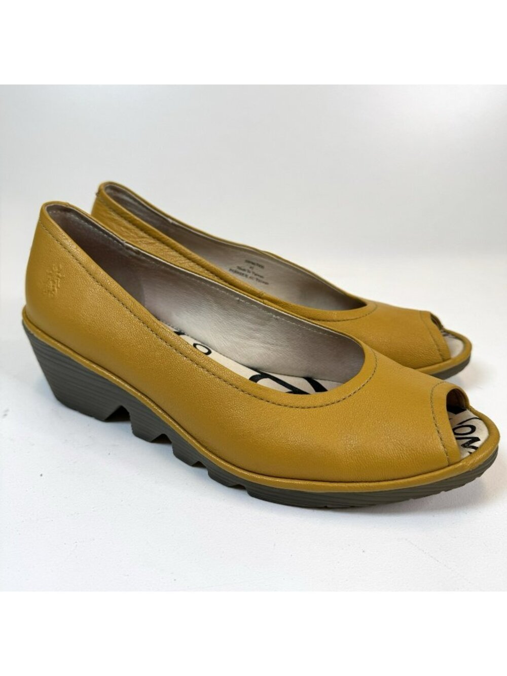 Fly London Mustard Leather Peep Toe Wedge Pumps